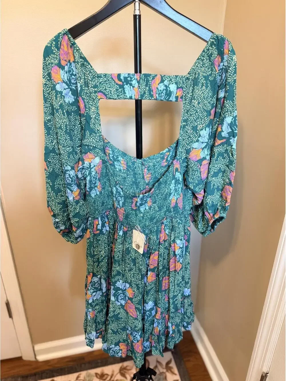 Free People NWT Green Floral Babydoll Mini Dress Size Large Boho Cottagecore